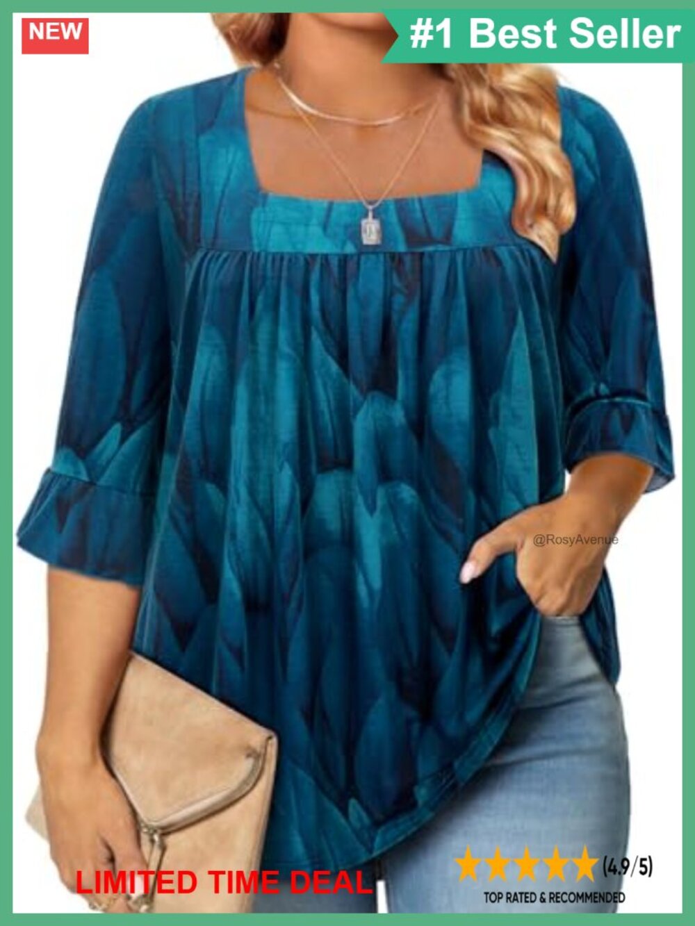 Plus Size Tunic Top 3/4 Ruffle Sleeve Square Neck Flowy Blouse